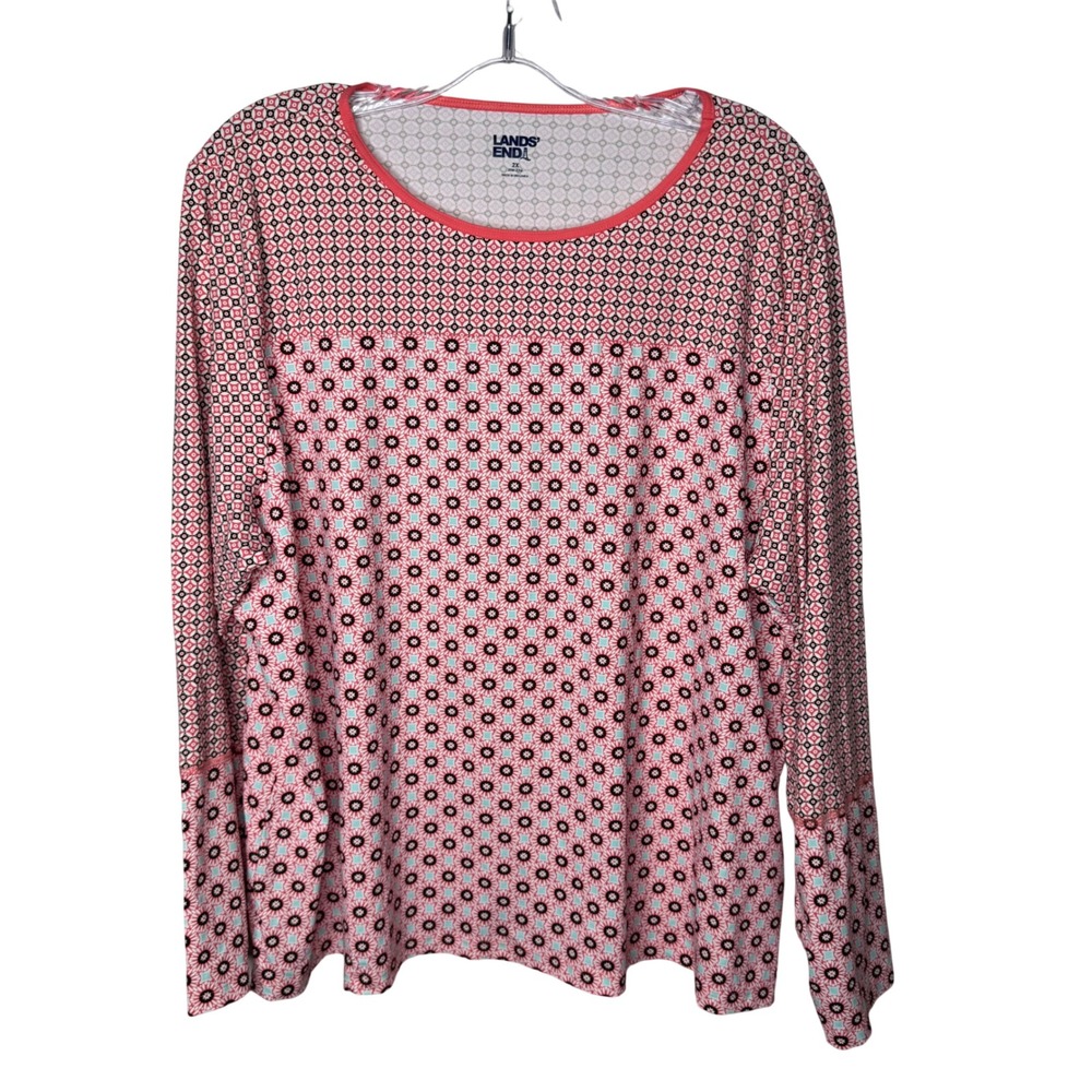 Lands End Womens 2X Long Sleeve Geometric Floral Print Top Coral Coastal Casual